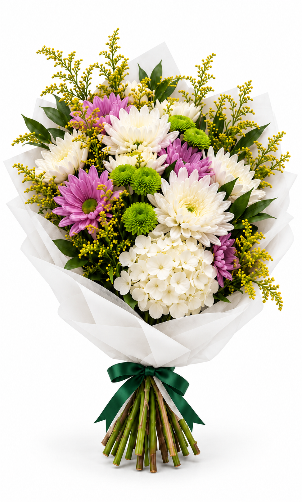 Custom bouquet in white wrapping with yellow solidago